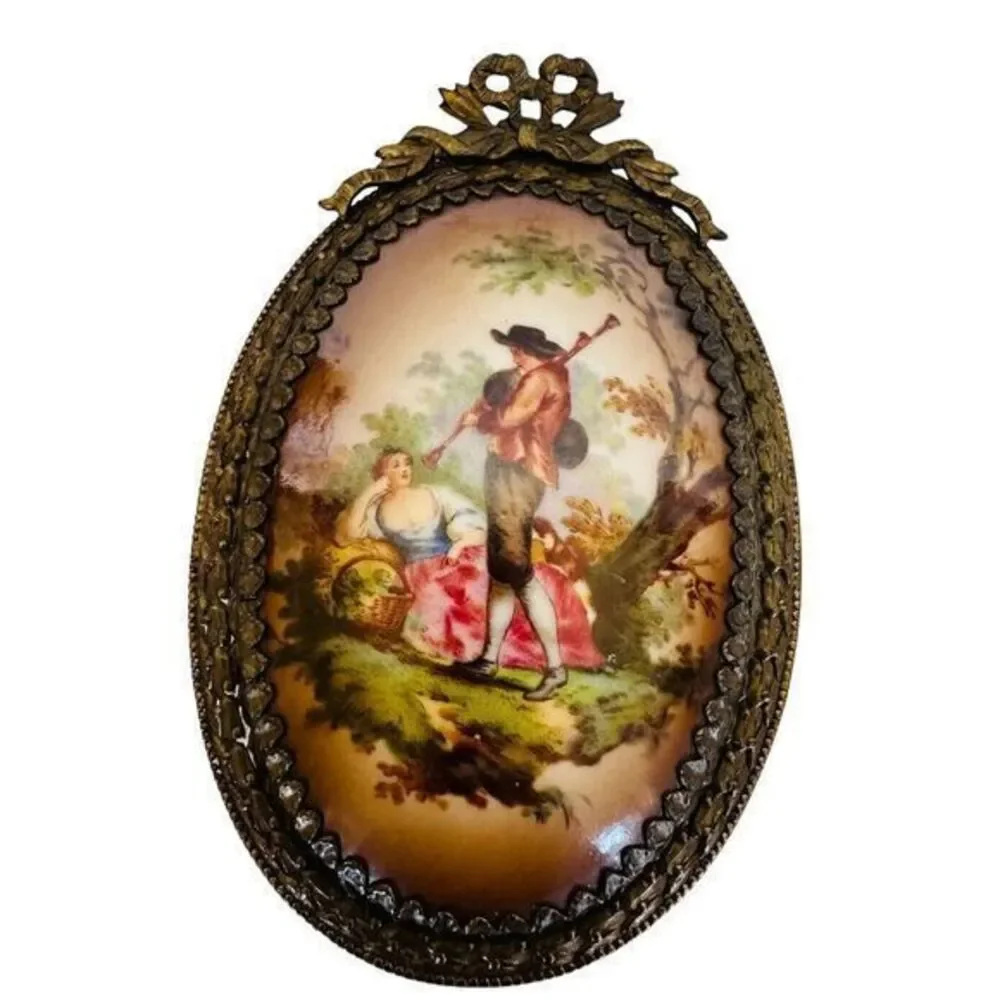 Vintage Porcelain Miniature Oval Plaque Couple &‎ Landscape Wall Art See Photos